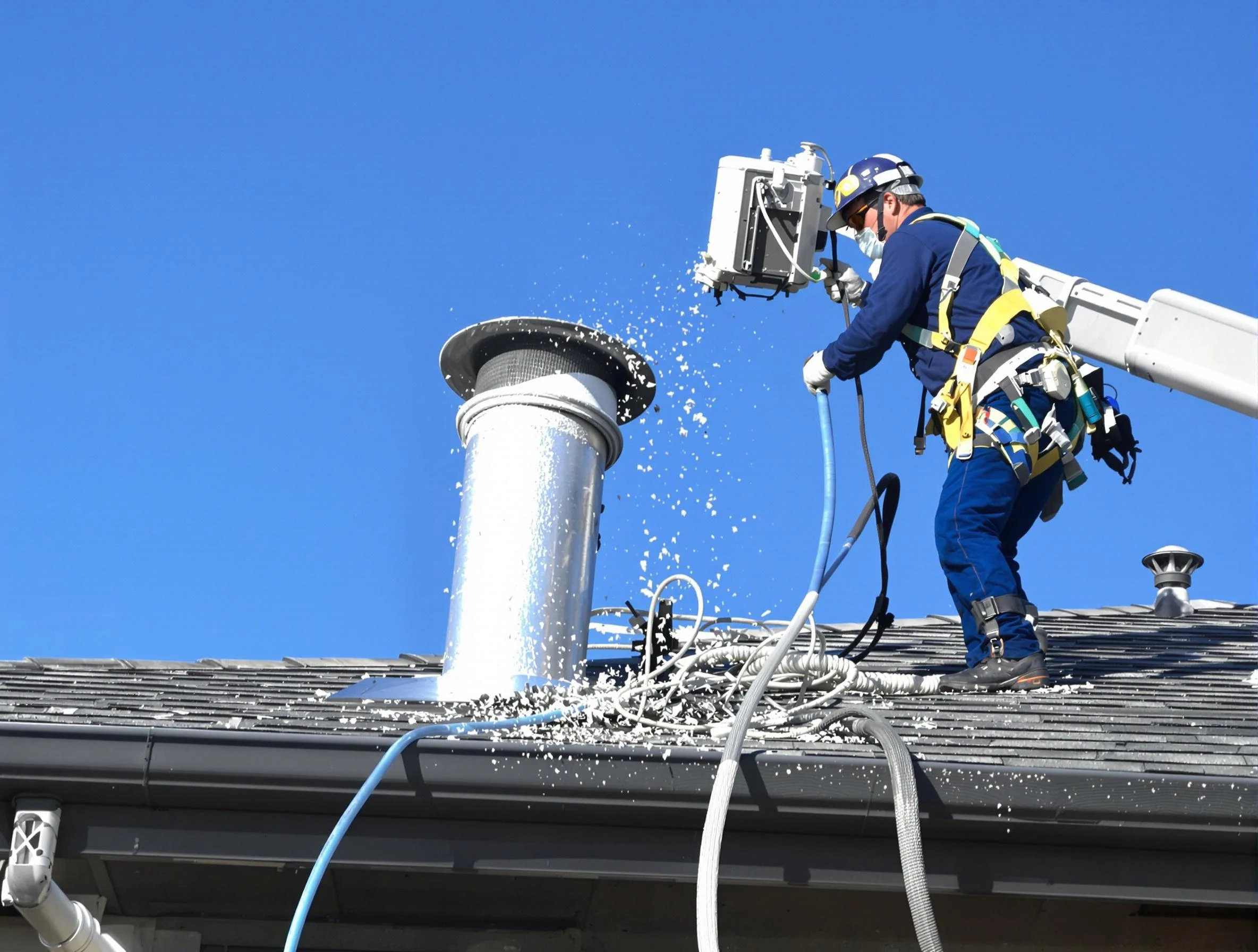 South Valley Dryer Vent Cleaning certified technician safely cleaning a roof-mounted dryer vent in South Valley